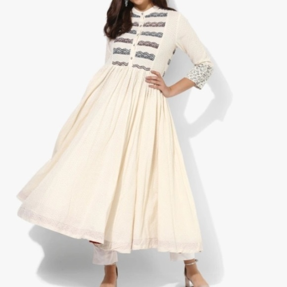 Dresses & Skirts - Block Printed Cotton Dobby Band Collar Anarkali